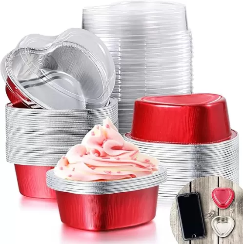 Patelai 80 Sets Heart Shaped Cake Pans with Lids Mini Aluminum Foil Pan 55 Ml/ 1.86 oz Valentine‘s Day Cupcake Disposable Aluminum Dessert Baking Cups for Party(Red)