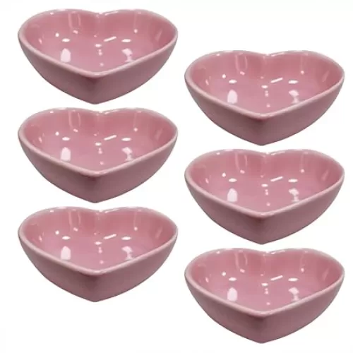 Pink 6 pcs Heart Shaped Porcelain Soy Sauce Dish Ceramic Dip Dipping Bowls 1.65 oz for Dinner Baking BBQ and Cooking