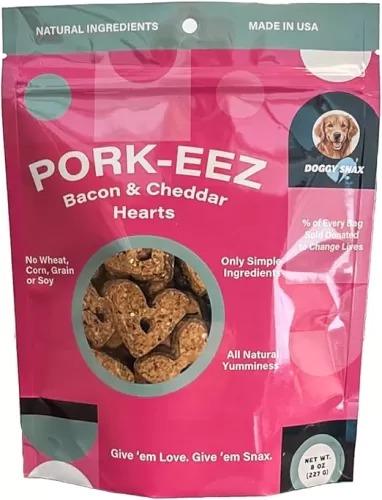 Pork-EEZ Bacon and Cheddar Flavored Natural Dog Treats. Heart Shaped Cookie Snacks formulated with no Corn, Soy, or Wheat.
