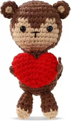 Positive Monkey Crochet with Red Heart, Knitted Emotional Doll Support Monkey Plush Toy Handmade Inspirational Funny Cute Crochet Animal for Couple Bestie Gift Home Office Car Dashboard Decoration