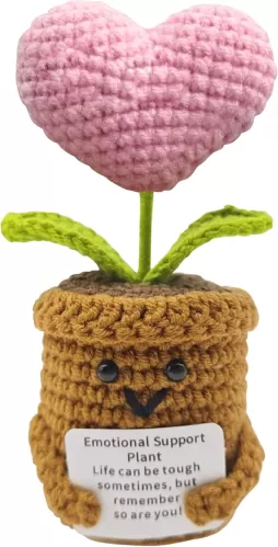 Positive Pink Heart Plant 5 inch Handmade Knitted Wool Doll with Positive Card for Cheer Up Gifts Emotional Support Crochet Heart Doll for Birthday Gifts Home Decoration (Heart)