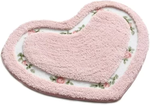 Pretty Floral Rose Heart Shape Bathroom Mat ，Super Soft Pink Shaggy Rug Floor Decoration Carpet，Great for Kitchen, Living Room, Toilet