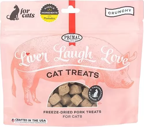 Primal Freeze Dried Pork Liver Cat Treats with Probiotics, Liver, Laugh, Love Crunchy Treats for Cats, 1.5 oz