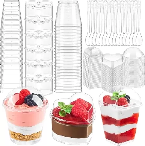 Qeirudu 390 Pcs 5/6 Oz Mini Dessert Cups with Lids and Spoons, Round, Square and Heart Plastic Parfait Cups Clear Dessert Shooters for Party Serving Appetizer, Fruits, Puddings, Ice Creams