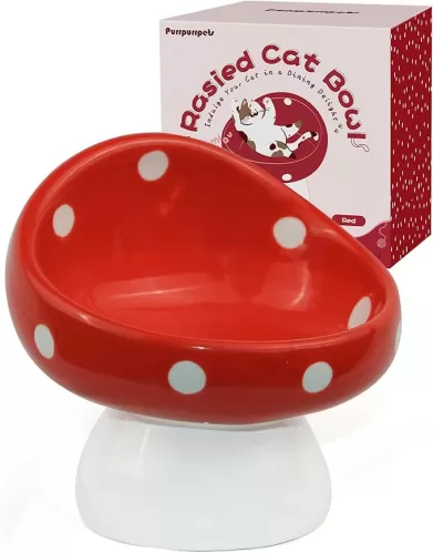 Raised Ceramic Cat Bowl, Mushroom Cute Elevated Cat Bowls Whisker Friendly, Premium Food-Grade Ceramic, Red