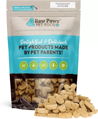 Raw Paws Grain-Free Biscuits for Dogs - Peanut Butter Recipe, 10-oz - Crunchy Dog Treats Made in USA - Corn, Wheat & Soy Free PB Dog Treats - Heart Shaped Puppy Biscuits - Peanut Butter Treats