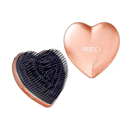 Red by Kiss Sweet Heart Hair Brush, Compact & Portable Travel Size Heart-Shaped Detangler, Two Tier Flexible Teeth Bristles Styler, Brush Cover Included (Chrome Rose Gold)