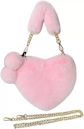 Rejolly Furry Purse for Girls Heart Shaped Fluffy Faux Fur Handbag for Women Soft Small Shoulder Bag Clutch Purse