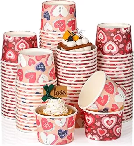 Remerry 100 Pcs 8 oz Valentines Day Snack Cups Heart Party Paper Cup Valentines Day Bowls Valentines Heart Disposable Paper Dessert Ice Cream Bowl for Treats Cupcakes Party Favor Supplies Decor