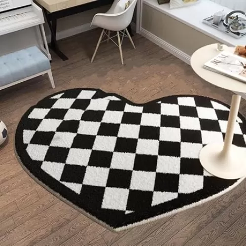 Retro Black White Checkered Rugs with Heart Shaped Shag Rug for Girls Bedroom 48”x48”, Soft Furry Carpets Chair Mat Non-Slip (Checkered, 32''x32'')