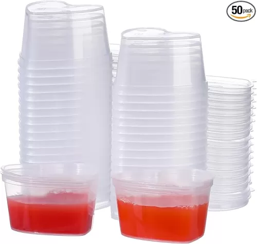 RONRONS 50 Pieces Disposable Sauce Cups with Lids, Plastic Heart Shaped Jello Shot Cup 1.5oz Clear Condiment Dressing Containers, Reusable Seasoning Portion Dispenser for Souffle Sample Slime