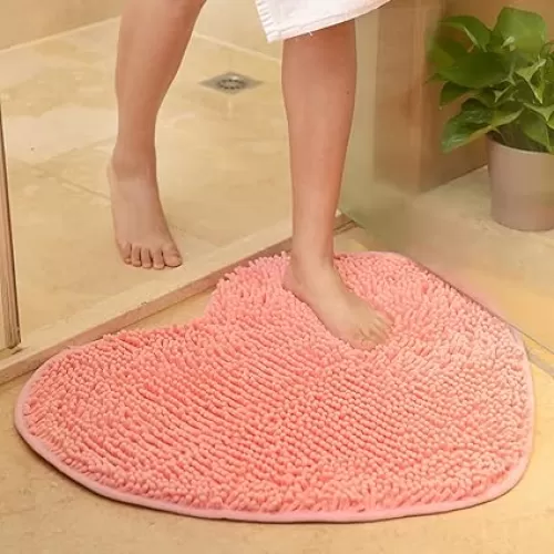 Rose Heart Shaped Chenille Bath Mat Soft Absorbent Plush Microfiber Bathroom Rug Non-Slip Machine Washable Shaggy Mats Carpet for Shower, Bedroom, Bathtub, 20"x24"