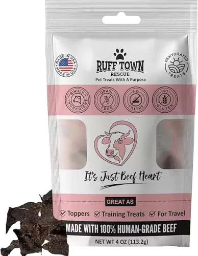 Ruff Town Dog Treats - Human Grade Beef Heart | Dehydrated Single Ingredient | High Protein, Low Fat, Hypoallergenic, Grain Free Training Treats | Ideal for All Breeds & Sizes, Made in USA(4oz)