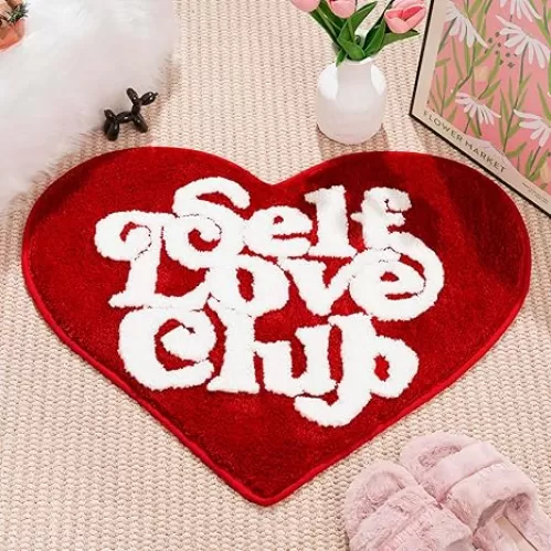 Self Love Club Rug Heart Shaped - Cute Bath Mat Non Slip, Funky Aesthetic Groovy Small Accent Rugs for Bedroom Bathroom, Girls Preppy Room Decor, Red Heart Rug 27"x20"