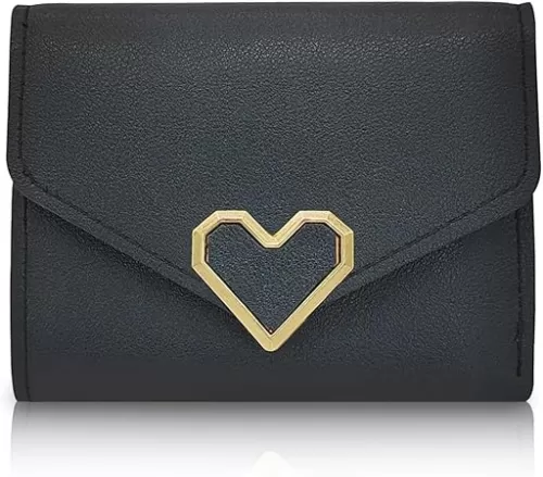 Short Women’s Wallet, PU Leather Heart-Shaped Hardware Small Fresh Mini Card Holder Purse for Women with ID Window Compact Wallet for Women (black)