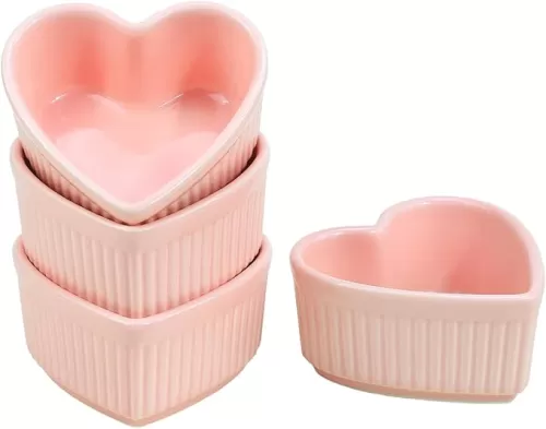 Sizikato Heart-Shaped Porcelain Souffle Dishes, Ramekins - 3.5 Inches for Souffle, Creme Brulee and Dipping Sauces - Set of 4