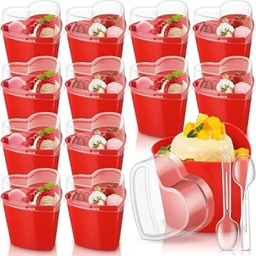 Sliner 12 Pack Valentine‘s Day Heart Shaped Dessert Cups with Lids and Spoons 5 oz Plastic Dessert container Mini Appetizer Parfait Cups Red Shooter container for Wedding Serving Party