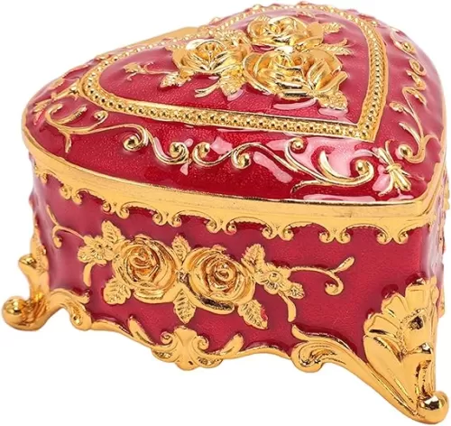 Small Jewelry Box Heart Shape Vintage Decorative Box Zinc Alloy Storage Container Accessories and Gifts (Red)