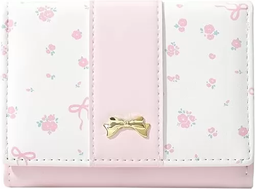 Small Wallet Floral Coquette Bow Wallet Cute Wallet ID 7 Credit Card Slots for Women Girls (PINK)