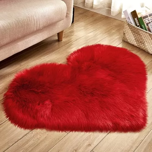 Soft Fuzzy 20x16In Heart Shaped Washable Non Slip Rugs, Red