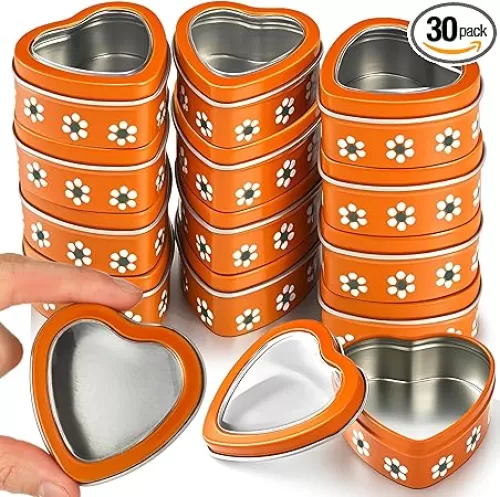 Supervitae 30 Pcs 2oz Heart Shaped Metal Tins with Clear Window Lids Mexican De Barro Design Empty Candy Tins Storage Box Container for Gifts Treasures Candle Making DIY Craft Wedding Party