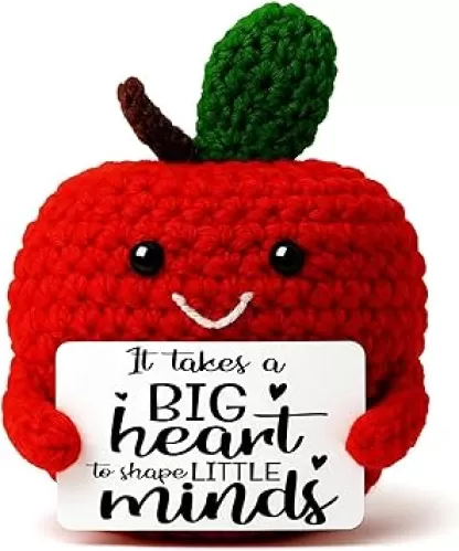 Teacher Appreciation Gifts for Women men - Crochet Apple with Big Heart Saying - Unique Thank You Gift for Teachers, Kindergarten, Preschool - End of Year, Back to School