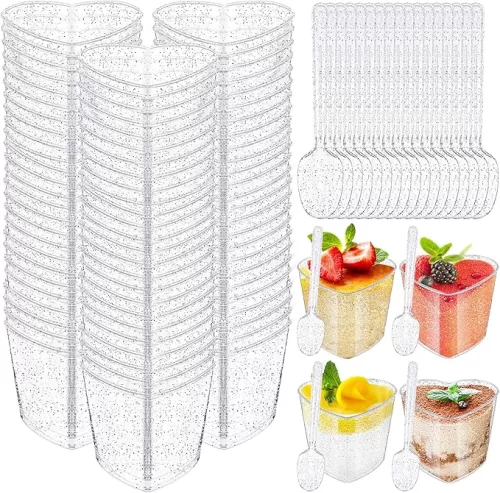 Thyle 100 Pack 5 oz Plastic Glitter Dessert Cups with Spoons Heart Shaped Appetizer Fruit Cups Small Serving Bowl for Cakes Ice Cream (Silver Glitter)