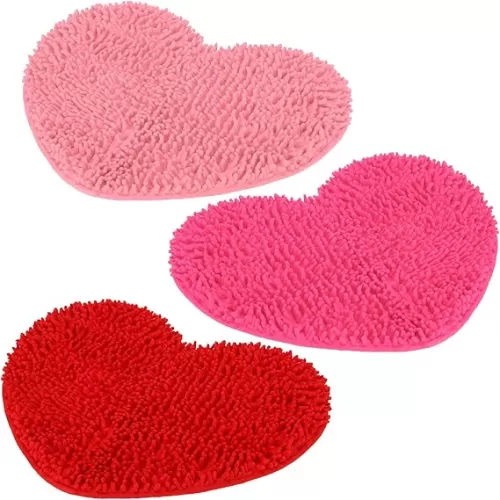 Timgle 3 Pcs Valentines Heart Shaped Rugs Galentine Day Love Bath Mats Cute Chenille Rugs Non Slip Washable for Home Entrance Bathroom Shower Floor Decor, 20'' x 24'' (Red Pink Rose)