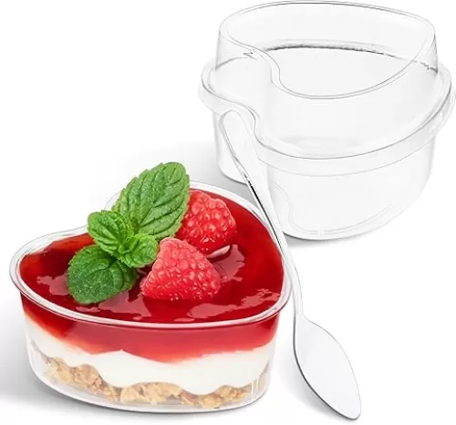 TOFLEN 5 oz Heart Shaped Dessert Cups with Lids and Spoons 150 Pcs | Serves 50 | Mini Plastic Dessert Shooter Cups for Parfait, Cheesecake, Mousse, Appetizers, Jello Shot and Puddings
