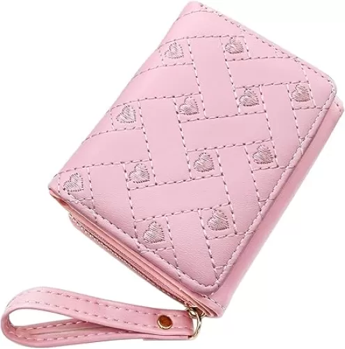 Tri-fold Womens Wallet, PU Leather Cute Wallet Women Wallet with Heart-shaped Embroidery, Large-capacity Ladies Wallet for ID Cards, Credit Cards, Cash, Coin (pink)