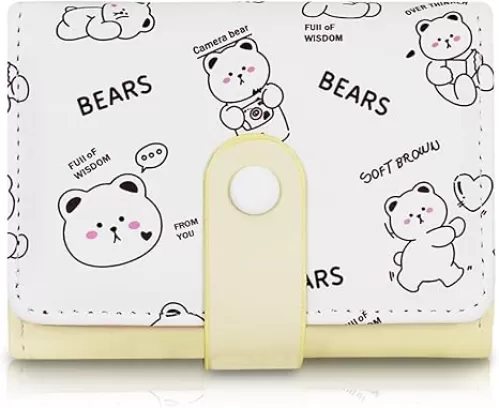 Trifold Wallets for Women, PU Cartoon Printed Multi Slot Cute Coin Purse With Buckle and Heart Shaped ID Window, Women’s Short Wallet for Travel and Dating (yellow)