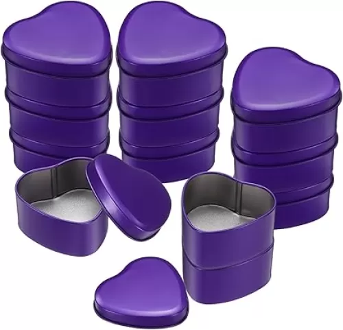 uxcell 12Pcs Heart Shaped Metal Tins Box, Empty Candy Jars with Lids, Favors Storage Containers for Valentine's Day Candles Wedding Parties Cookies Gifts, Purple (7.5x7x3.5cm)