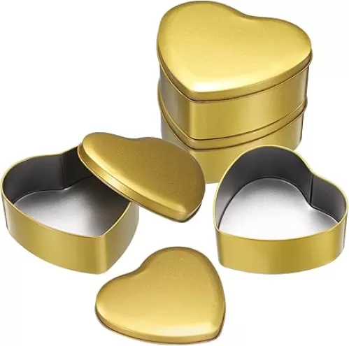uxcell 4Pcs Heart Shaped Metal Tins Box, Empty Candy Jars with Lids, Favors Storage Containers for Valentine's Day Candles Wedding Parties Cookies Gifts, Gold (12.5x11.5x4.5cm)