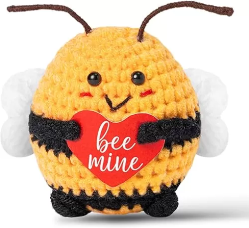 Valentine Bees Handmade Positive Crochet with Bee Mine Heart Shape Card, Mini Positive Knitted Crochets Cute Emotional Support Doll Desk Decorations Funny Craft Gifts for Women Men Lovers