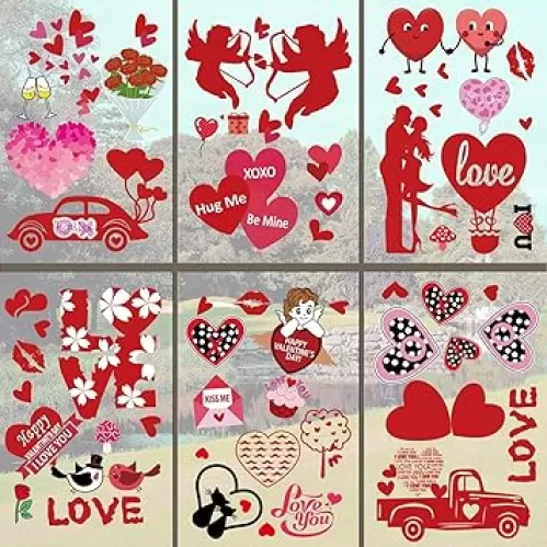 Valentines Day Window Clings Decorations, 8 Sheets Double Side Reusable Red Lips Window Static Stickers Red Heart Cupids Window Decal for Home Wedding Anniversary Party Store Glass Holiday Decoration