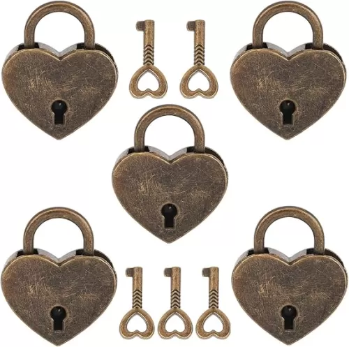 VerRich 5Pcs Bronze Heart Shaped Padlock, Mini Vintage Locks with Key for Handbag, Jewelry Box, Storage Box, Diary Book