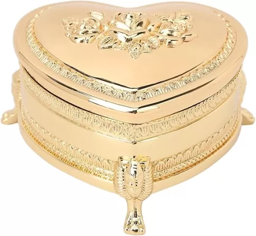 Vintage Heart Jewelry Box, Metal Heart Shape Jewelry Storage Box Zinc Alloy Vintage Heart Trinket Box Golden Trinket Organizer for Rings Earrings Necklace Storage, 4.1x3.9x2.4in