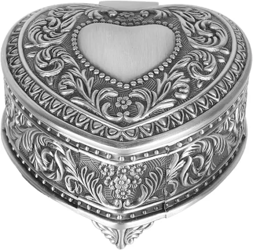 Vintage Heart Shape Jewelry Box - Lightweight Alloy Trinket Organizer for Brooch, Rings, Earrings with Fluff Lining, Delicate Present (Antique Silver)