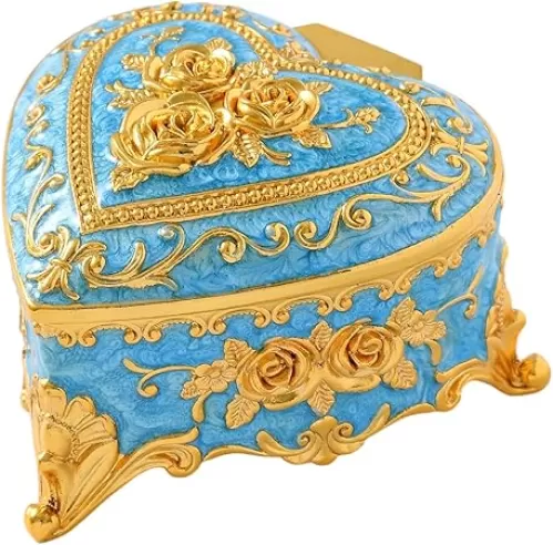 Vintage Jewelry Box, Gold Heart Shape Treasure Ring Box, Metal Trinket Organizer Keepsake Box Gift for Girl Women, Light Blue