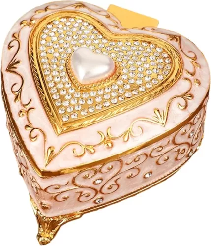 Vintage Jewelry Box Zinc Alloy Treasure Chest Small Trinket Box Heart Shaped for Wedding Decoration 2.95x3.07x2.09 Inch