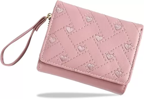 Wallet Women, Cute Pink Ladies Wallet, Love Heart Trifold Wallets Woman Business Credit Card Holder with Zipper Purse for ID Cards Cash Coin Key (Pink)