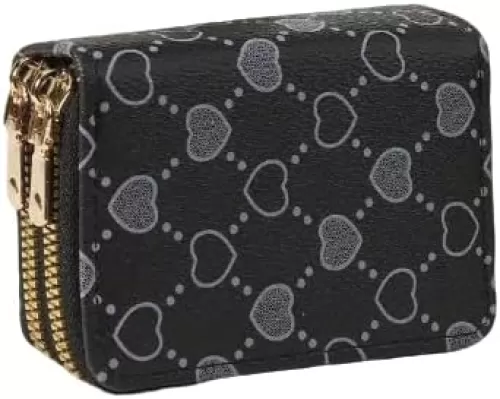 Wallet Women, Short Wallet with Classic Heart-shaped Pattern, Coin Wallet with Double Zipper, PU Synthetic Leather Retro Credit Card Box for Daily Use (Black)