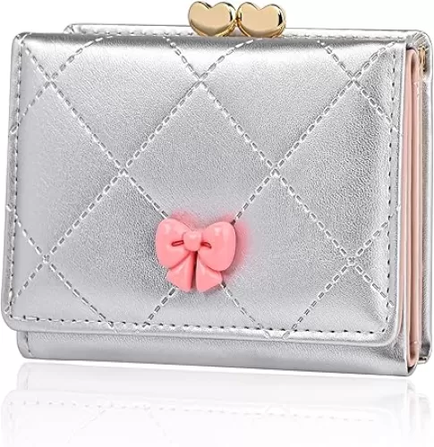 Wallet Women, Small Coquette Bow Trifold Wallets Woman, Heart Shaped Kiss-lock Business Credit Card Coin Holder Purse Pocket for Cash Key Change (Sliver)