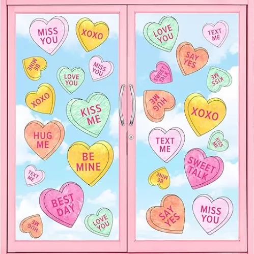 Whaline 9 Sheet Valentine's Day Window Clings Candy Color Conversation Heart Reusable Window Decals for Home Office School Wedding Party Supplies, 7.8 x 11.8 Inch