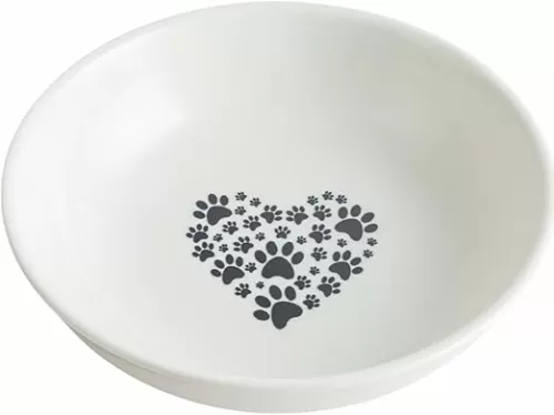 White Ceramic Cat Bowl with Heart Design - Non-Slip Bottom, Whisker Friendly Shallow Dish 5.5", Cute Pet Food & Water Bowl, Dishwasher Safe