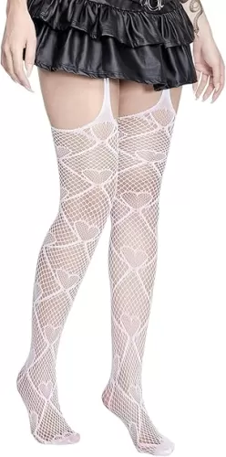 Women's Heart Print Lace Tights, Lace Stockings, High Waist Lace Leggings, Suspender Pantyhose