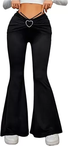 Women's Heart Ring Tie Back Flared Leggings Glitter Ruched Long Bell Bottoms Y2K Pants