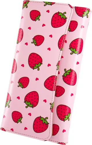 Womens Wallet Leather RFID Blocking Trifold Ladies Purse long Clutch Credit Card Holder Phone Checkbook Organizer (Cute Heart Strawberry)