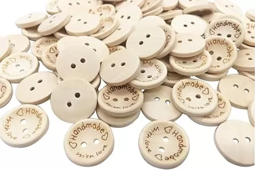 Wooden Buttons, Creative Novelty Handmade with Love Sewing Buttons, Fashion Round 2 Holes Scrapbooking DIY Decor Craft, Heart Shapes Pattern, 100 Pack 20MM (Brown-H)