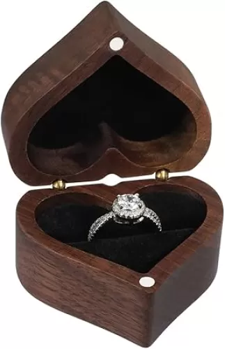 Wooden Ring Box with Heart Shaped Single Slot Personalized Vintage Wood Jewelry Box for Proposal Engagement Wedding Ceremony Anniversary (Black 1 Slot)